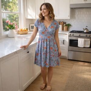 Pact Fit And Flare Crossover Dress Large Wear Midi Organic Cotton Floral Roses